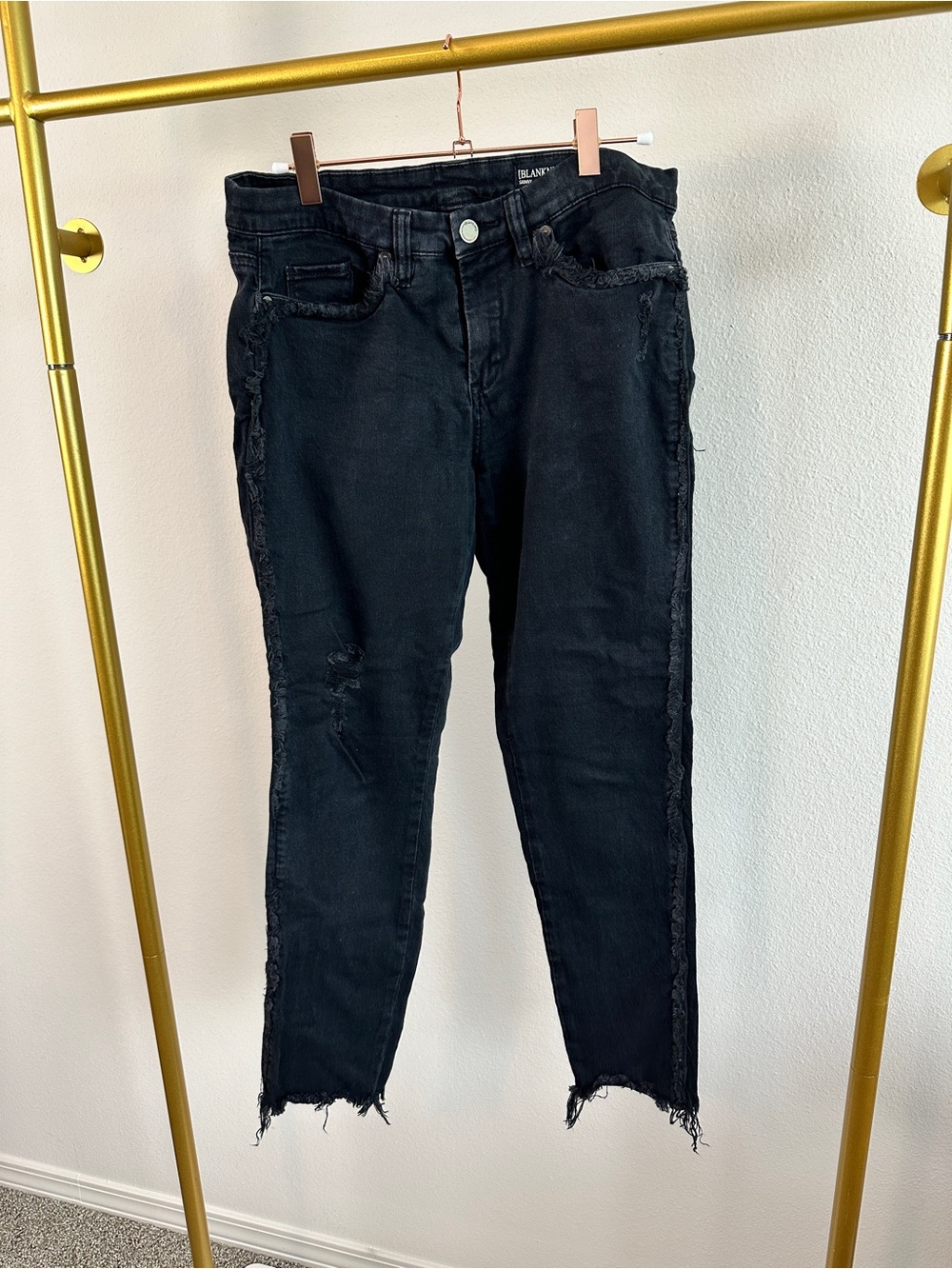 Blank NYC Black Skinny Jeans with Frayed Side Trim